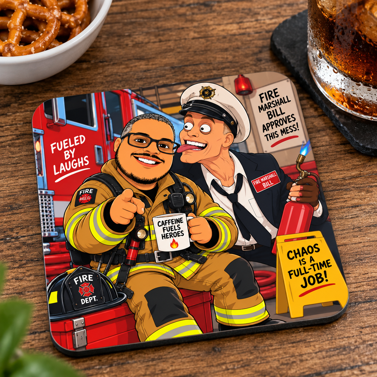 Custom 4 by 4 inch caricature drink coaster shown on a tabletop