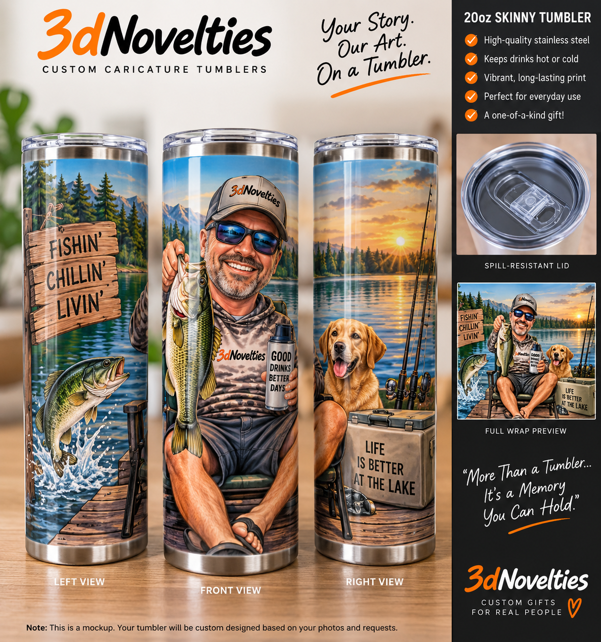Example of custom 3dNovelties artwork shown on a finished 20oz skinny tumbler
